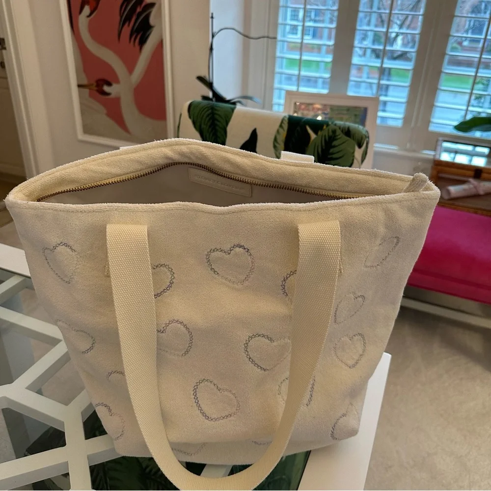 NWT Stoney Clover Lane Hearts Embroidered Terry Zip Top Tote Seashell